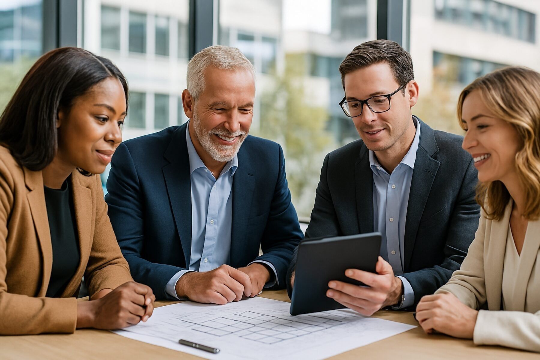 Commercial real estate professionals reviewing plans together